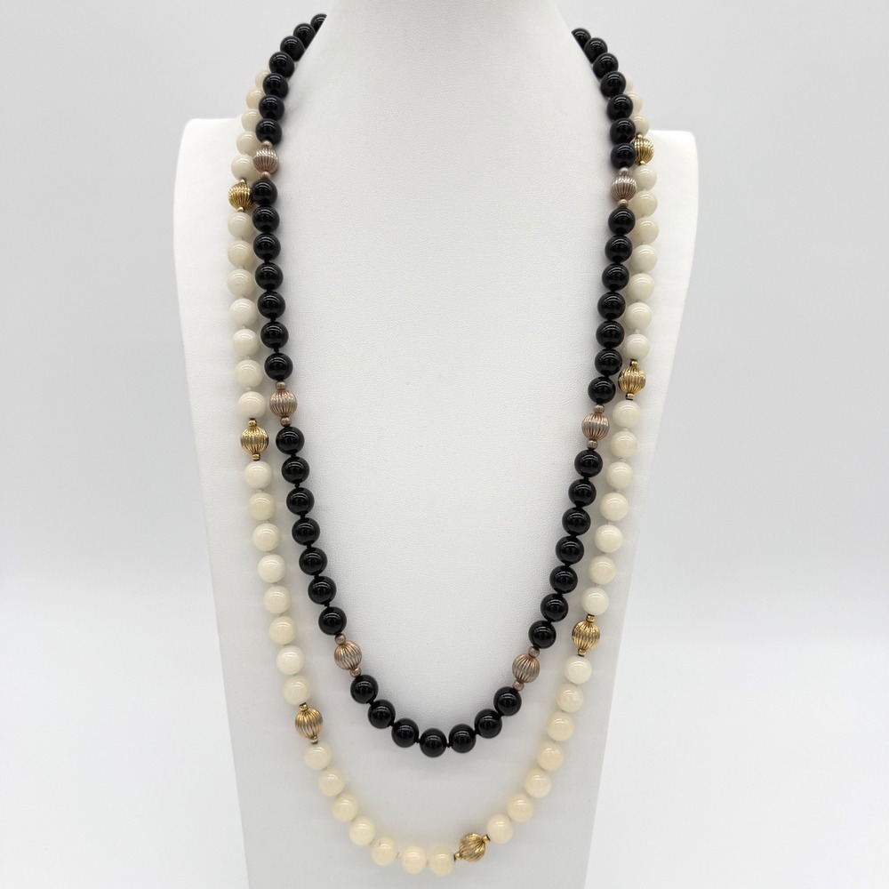 Vintage Black & White Glass Bead Necklace Set Gold Tone Long Layered Strand Duo